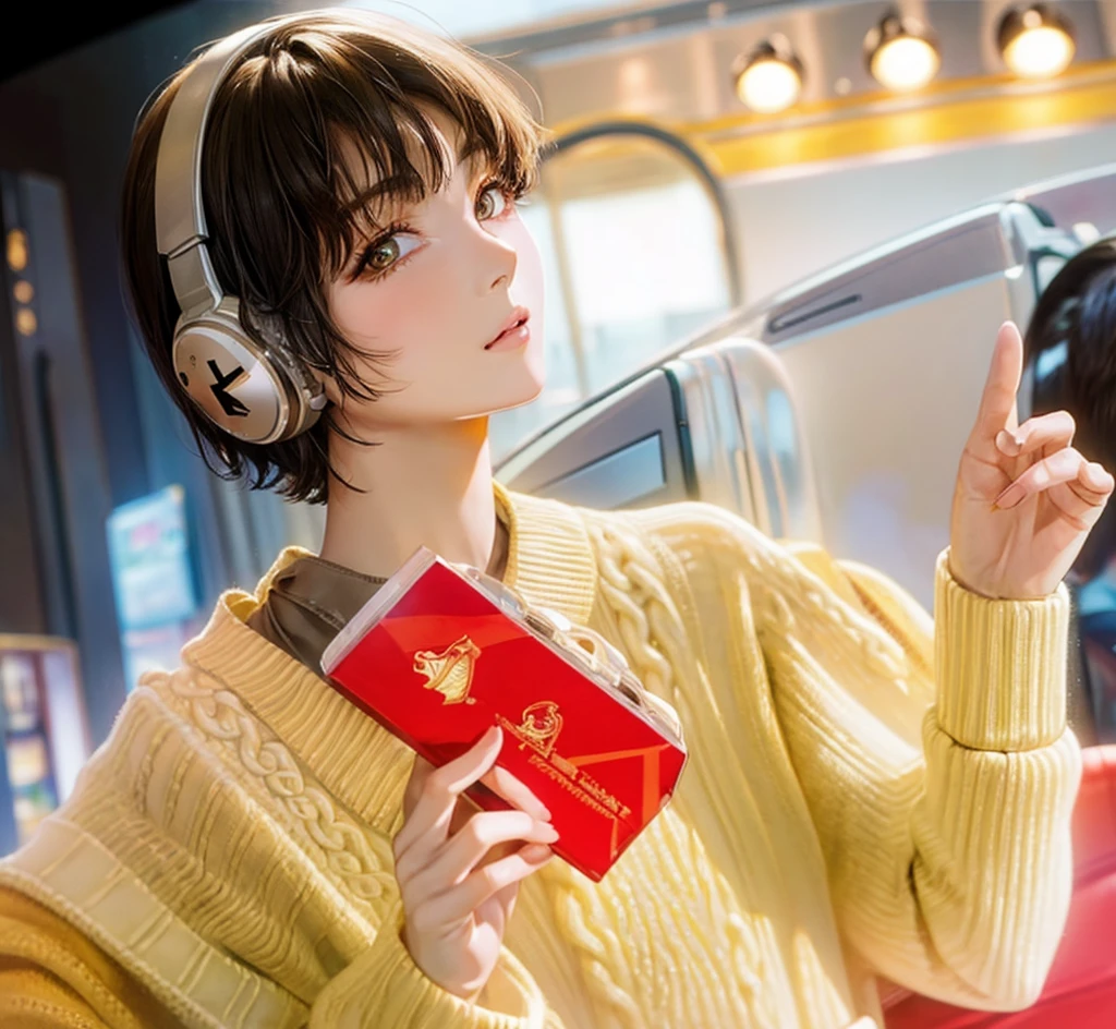 (masterpiece,best quality, looking at viewer),1woman,20 years old,alone,(short hair,shaggy cut,blunt bangs),eye shadow,(Slim Body),headphone,knit,chocolate,Yellow knit sweater