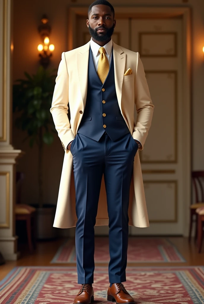 A man with long orange-yellow hair, neatly combed back, leaving a long tuft of bangs, he has slender eyebrows, sharp and intelligent eyes, his face is elongated and lean, he wears a dark Western-style fitted suit, a sleeveless long overcoat on top, a belt wraps around his waist, he wears loose trousers, stands in a luxurious Chinese-style hall, displaying a dignified expression, exuding a powerful aura, emanating a radiant fighting spirit, this character embodies a finely crafted fusion of Eastern and Western influences in a wise and sophisticated in anime style, characterized by a sophisticated and mature manga illustration art style, full body character drawing, high definition, best quality, highres, ultra-detailed, ultra-fine painting, extremely delicate, professional, anatomically correct, symmetrical face, extremely detailed eyes and face, high quality eyes, creativity, RAW photo, UHD, 8k, Natural light, cinematic lighting, masterpiece:1.5