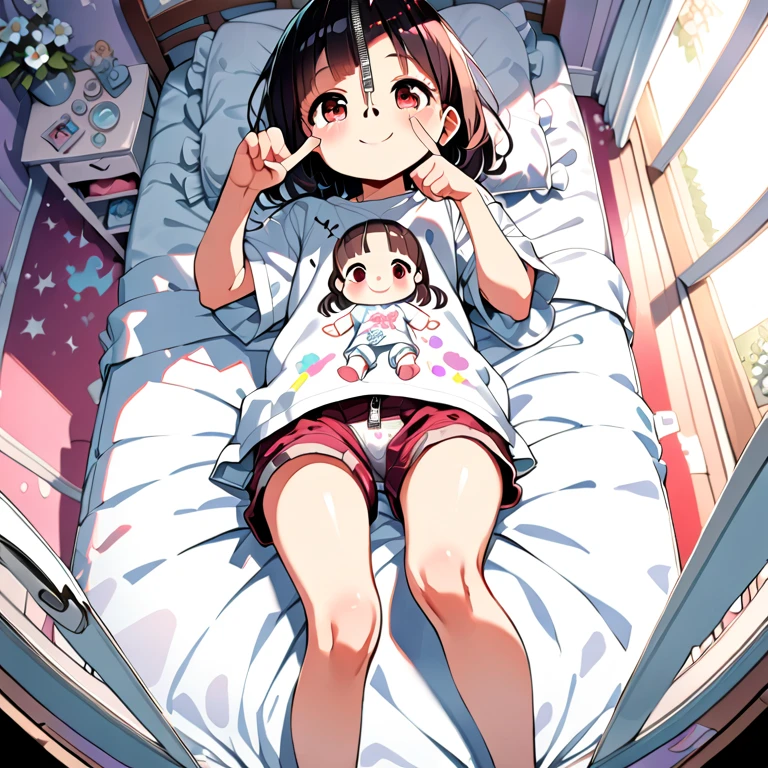 (masterpiece，Best Quality，High resolution)，Colorful bedroom，Very small young girl，baby face child，Brat，(Oversized white printed T-shirt，White flower panties), (Shorts with zipper，Take off your shorts), Lying in bed，smile，Cunning gestures，fun，Fisheye Lens，Vibrant colors，watercolor，