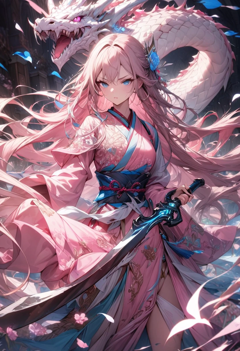 1girl,featuring a fantasy-themed character and a dragon,very long flowing hair,pink flower,white and pink kimono with floral patterns,intricate designs,holding a sword,determined expression,background showcases a majestic white dragon with blue accents coiled around her, floating pink petals, dynamic and ethereal atmosphere, (masterpiece:1.7), (best quality:1.5), (ultra-detailed), very aesthetic, illustration, disheveled hair, perfect composition, moist skin, intricate details