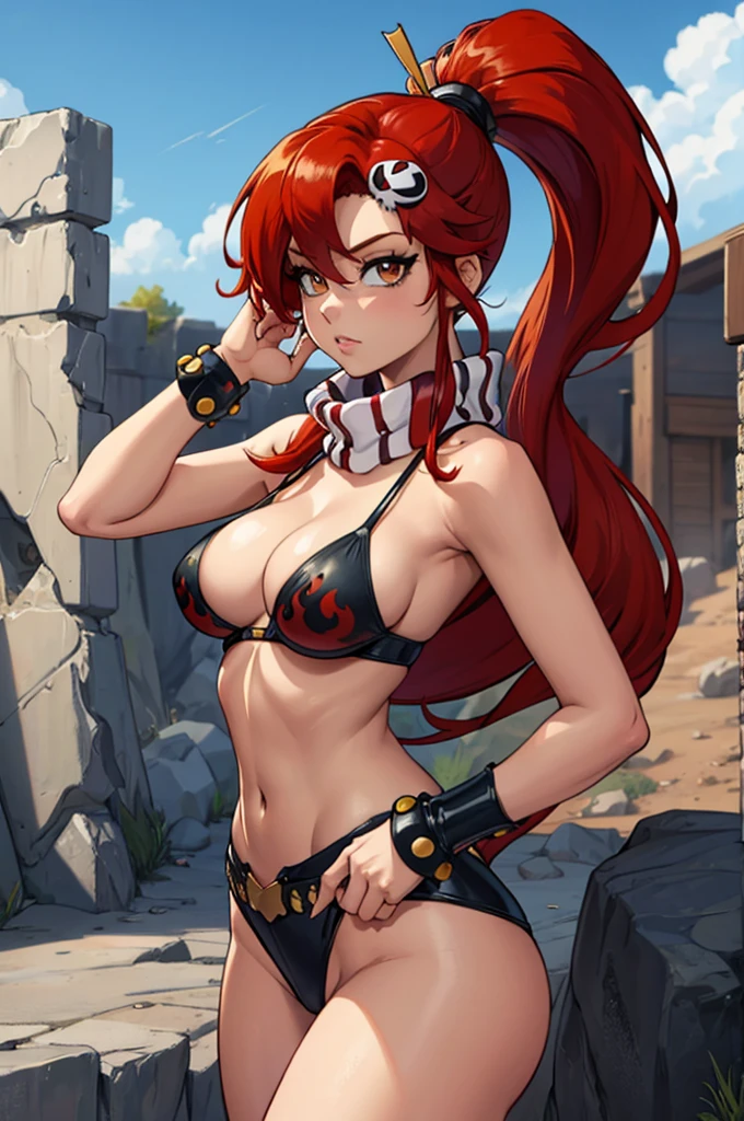 Masterpiece, best quality, intricate details, Yoko Littner (Gurren Lagan), sexy female with red hair, knitting needles in hair, hair pulled back into a ponytail, skull hair clip,