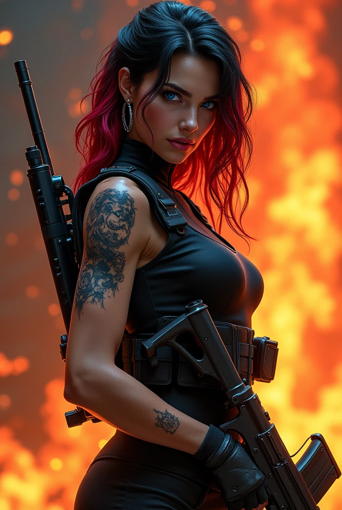 (((Full body))) (((evil,cruel,sadistic))) (((green eyes, red hair))) (((standing over dead bodies))) female serial killer with red hair in a ponytail and dark emerald eyes. Thin ruby lips. Fury showing on her face. Standing over dead, bloody bodies. She is wearing a black top with a red skull emblem on it and a miniskirt. Heeled combat boots on her feet and a bloody switchblade in her hand.
