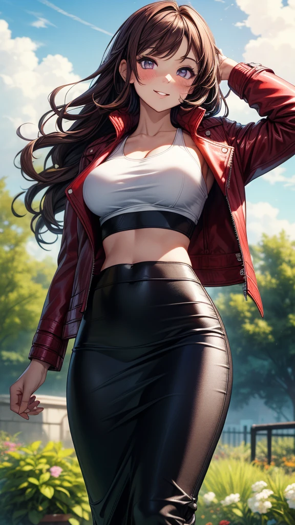 (masterpiece) Mulher, vestindo (( top esportivo de couro preto e vermelho, black leggings and a pleated leather skirt, jaqueta de pele longa, bota de cano alto com salto, holding a book in one hand and a glass of wine in the other)) , Appearance ((cabelo negro preso em um cabo de cavalo alto, modelo plus size, olhos castalhos brilhantes, olhos detalhados, labios vermelhos)), ambiente, andando em uma rua enoevoada ao por do sol
