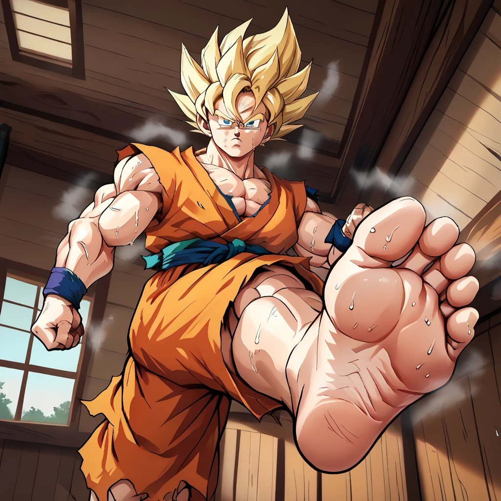 (A detailed drawing of goku, blonde hair, super saiyajin, Bodybuilding-Fitnessstudio.), With a naked torso, Ripping clothes, shorts, slip, the strongest of all, huge muscular body, big Bizeps, big shoulders, Muscle legs,abs, Barefoot, Martial arts, score_9, score_8_up, score_7_up, source_anime, solo, muscular, looking at viewer, barefoot, Full Body Image , barefoot, soles of feet visible, feet sweating and steaming, vista head on, karate fight, head on, wooden cabin background, view from below