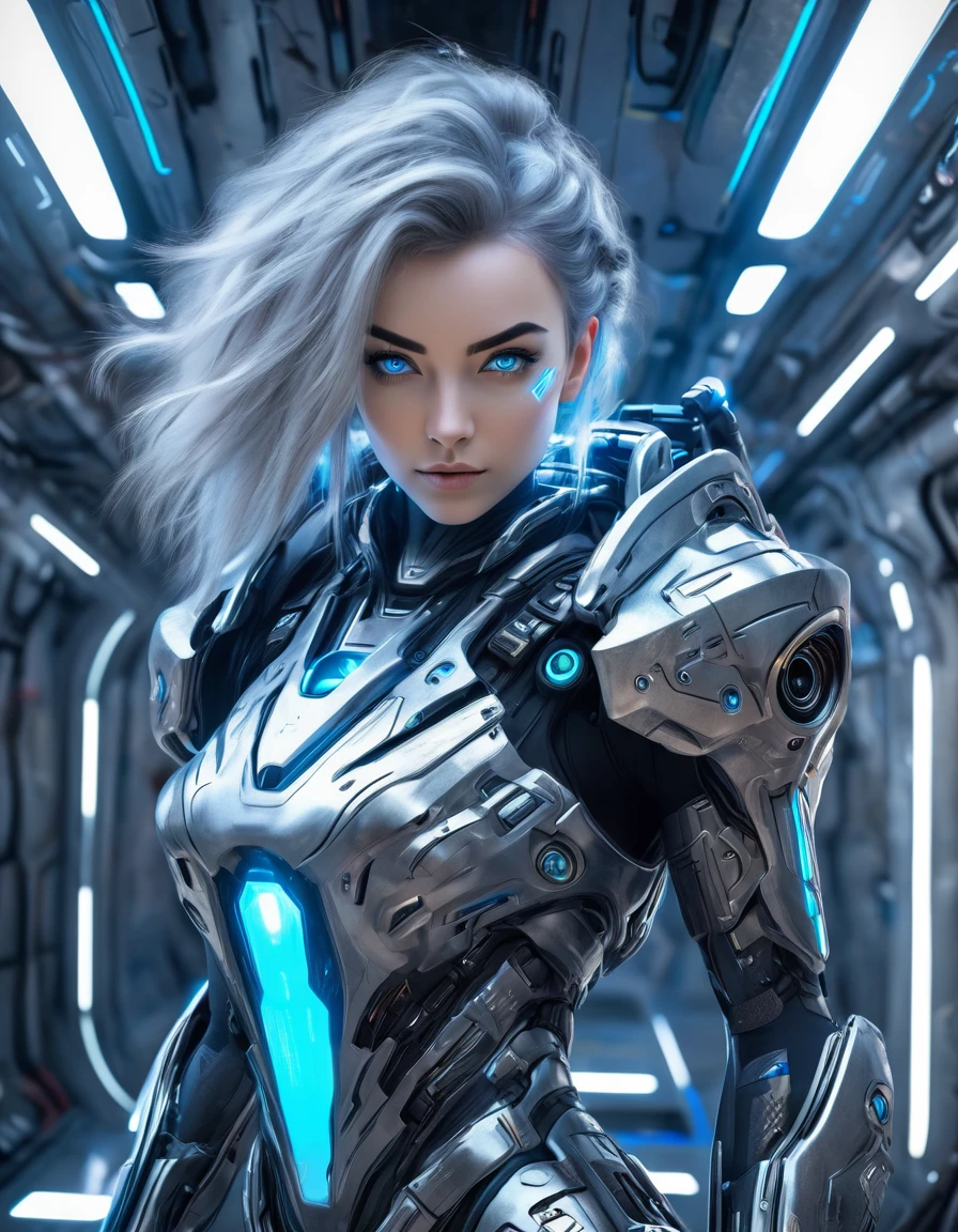 A woman wearing exoskeleton cyber armor, The armor fits snugly、((She has a plasma gun in her hand)), Full body photo, Maximum details, Superior quality through precise drawings, 8k,chest, blue eyes,  High resolution, 超High resolution, Best Quality, Shortcuts, Big chest, Cinematic Lighting Effects, 未来的な美しいSilver Hairの女性, Shining blue eyes, Cyberpunk style woman, ((Located in the space station&#39;s control center)),((High tech spaceship interior with blue light illumination)), High-quality images、, Shortcuts, Silver Hair, 