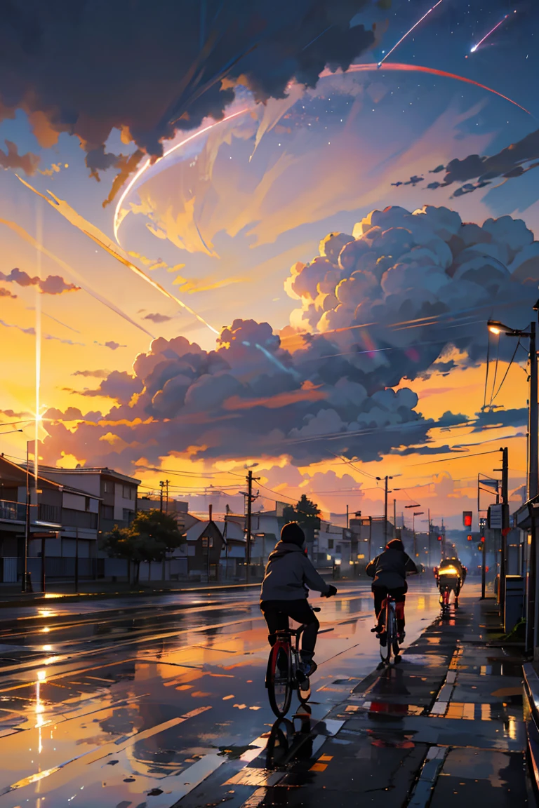 Best Quality, beautiful, Morning Light, A comet flies by, Earth, horizon, Boys' school(), bicycle、Cumulonimbus, sunset, Sudden Rain, Attachment Platform, shinkai makoto、sun、