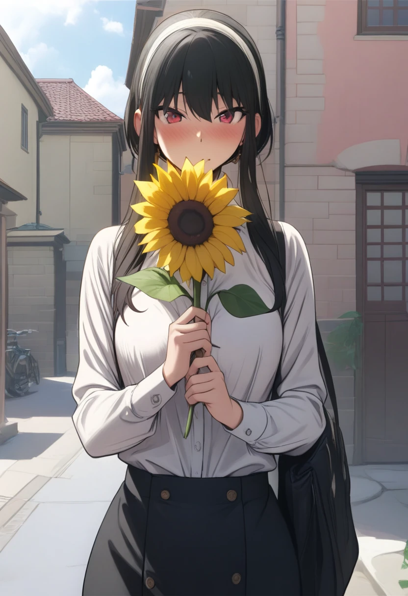 (Masterpiece, best quality, , bright colors:1.4),high resolution,anime style,photo,1 black-haired beauty holding sunflower