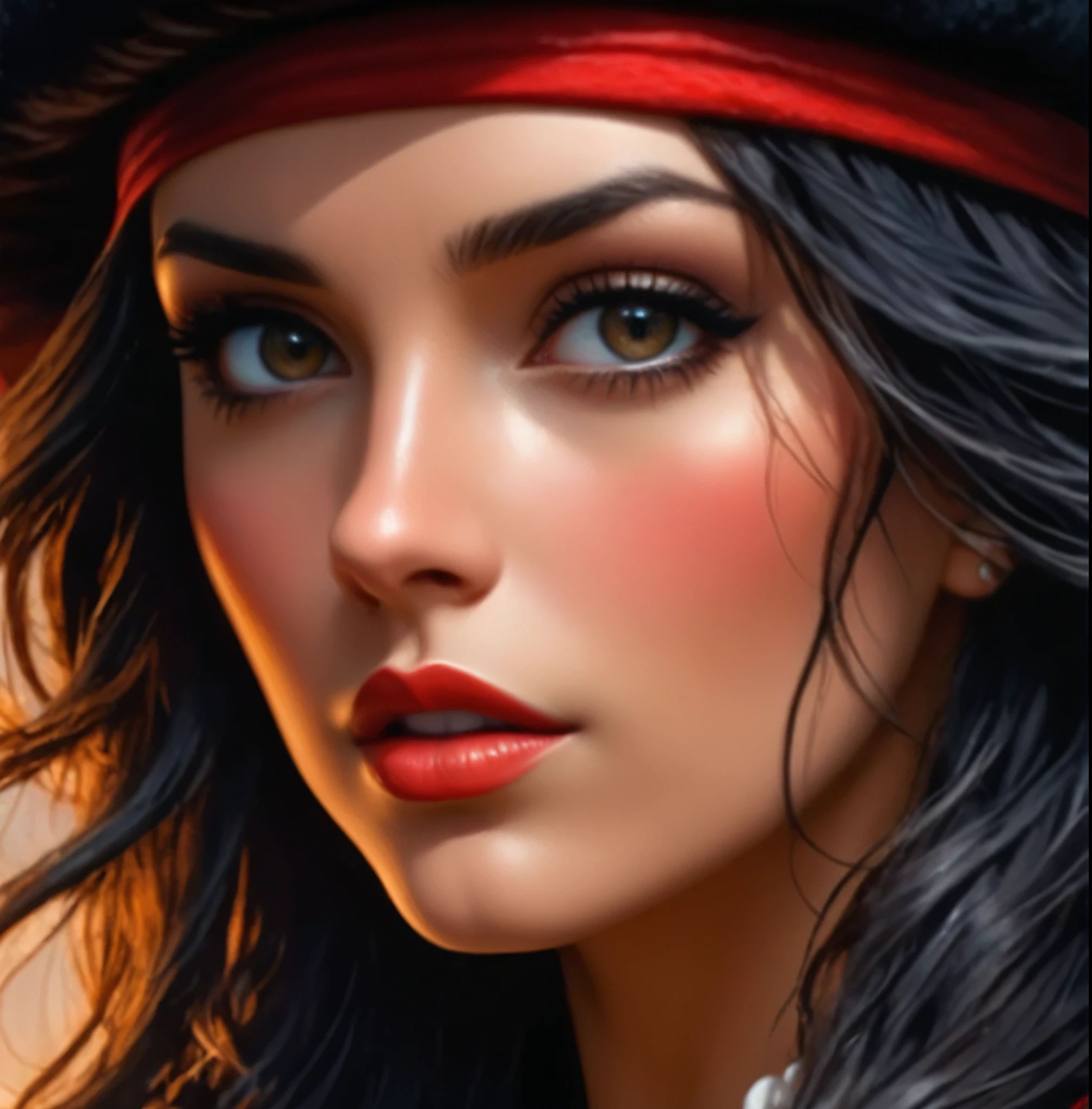 anime, tanned skin, full body portrait of jpk, a woman with (((black hair))) and (((hazel eyes))), (((female pirate outfit))),  <lora:jpk:0.4>, 8k, unreal engine, octane render, by kyun, gamang, Yoon Gon-Ji, g.ho, gosonjak, shuroop, serious, domi, noah, trending on pixiv, fanbox, skeb, masterpiece, detailed face, smooth soft skin, big dreamy eyes, beautiful intricate colored hair, symmetrical, anime wide eyes, soft lighting, concept art, digital painting, tropical island