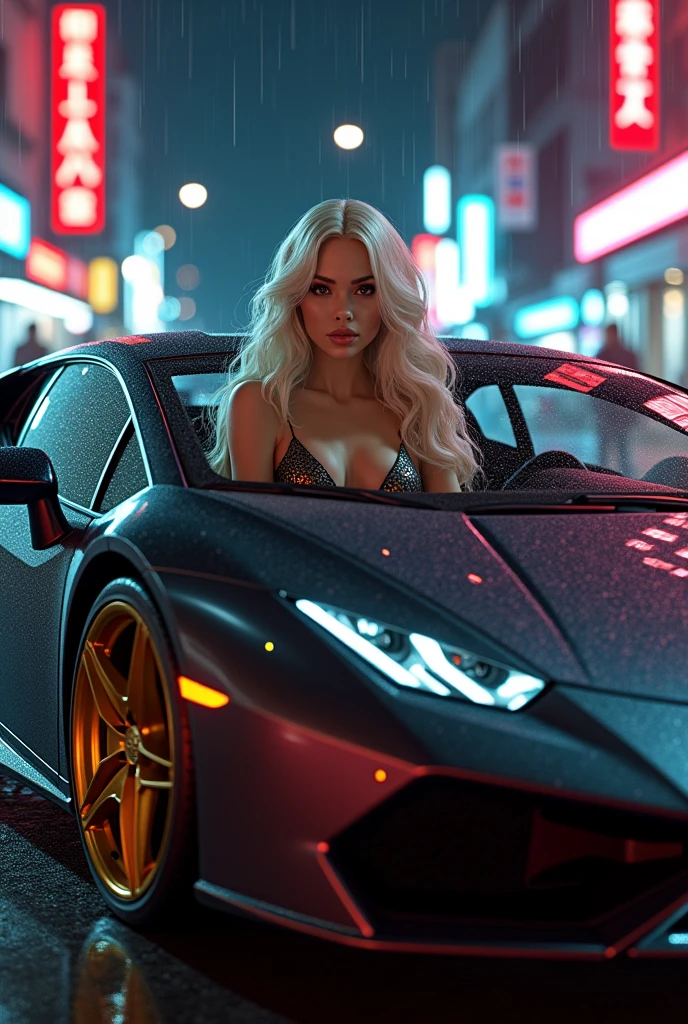Pov shot of black beautiful woman laying on top of a black bugatti racing on the streets at night, artgerm style, cinematic lighting, ultra high quality resolution, photorealistic image, 12k, unreal engine rendered