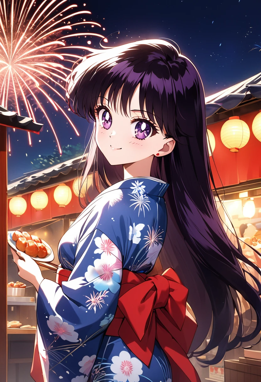 masterpiece, Highest quality, High resolution, (Rei Hino),1990s \(style\), Anime-style painting style,Black Hair、Long Hair, cowboy shot, fireworks, night sky, beautiful lighting, backlighting, yukata, kimono, Japanese clothes, closed mouth, red cheeks, smile, smiling, food stall, japanese festival