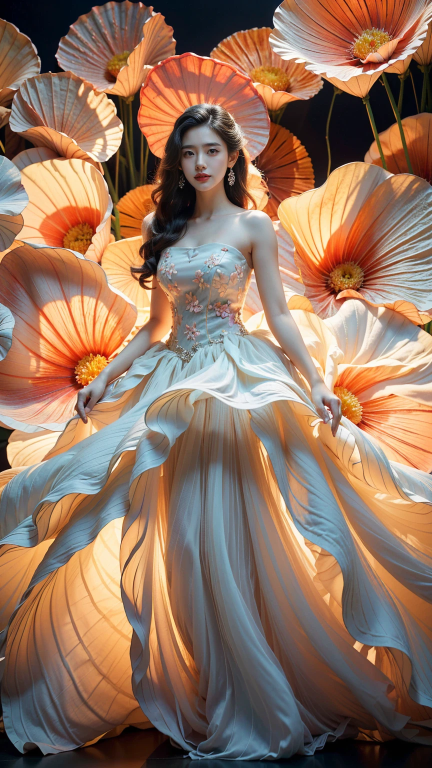 Masterpiece, Best quality, (1 woman), Very detailed, fine details, High resolution, 8K quality, hyper hd, Perfect dynamic composition, Beautiful detailed eyes,  Natural lips,Strapless pink floral dress, Natural long wavy hair, Abstract background, bright smile, diffused neon background, Spread your arms out to the sides