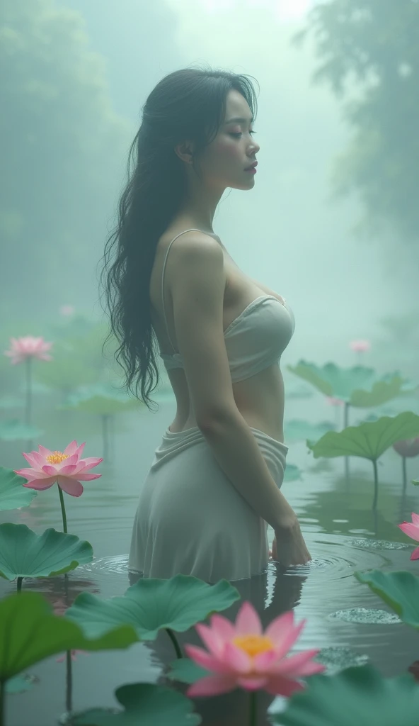 girl holding a briht lotus flower standing proudly in the water, perfect body curves, neckline, colorful tonality, power atmospher, 8k,