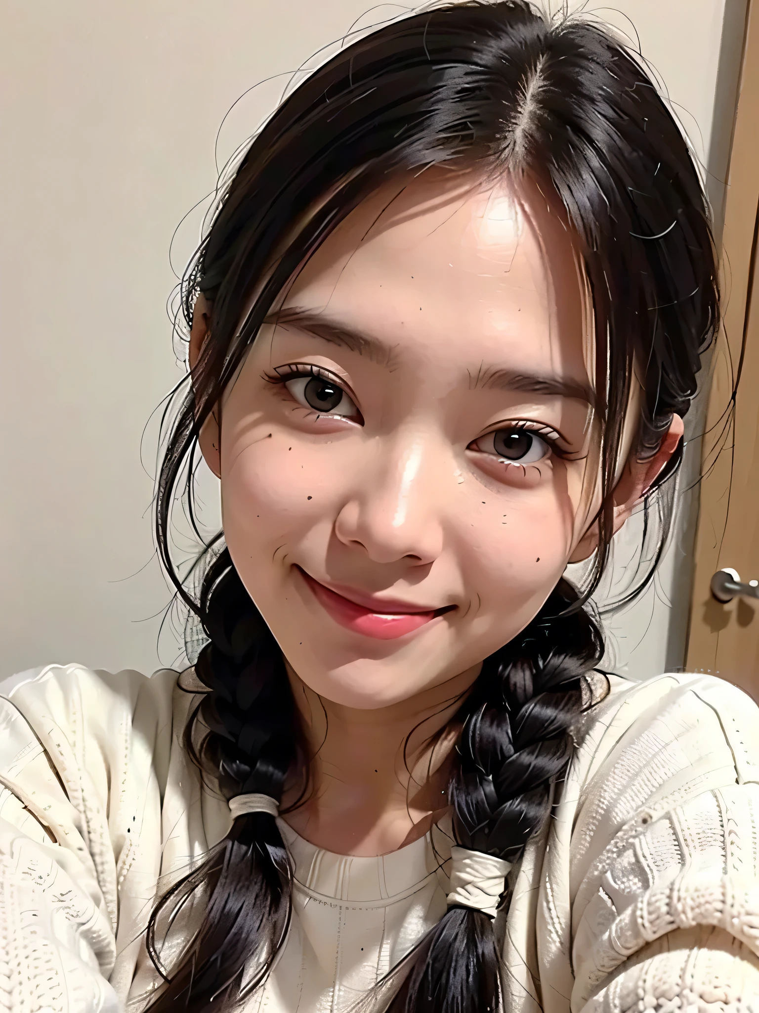 (best quality, 8k, highres, masterpiece:1.2), ultra-detailed, realistic, photorealistic:1.37, cute girl with extremely detailed features, 2,, blushing, full-body, (seducing smile:1.2). (cable-knit:1.4), (pony-tail hair:1.5), close-up