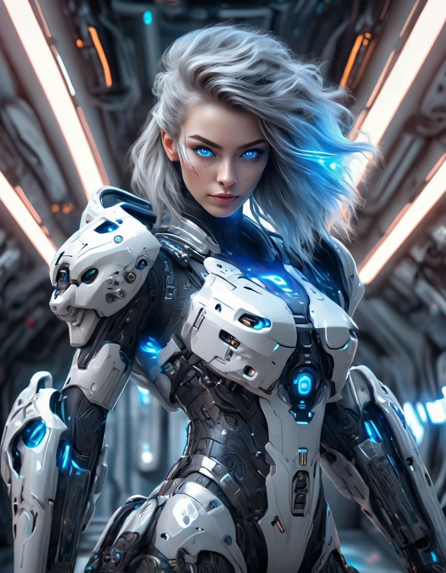 A woman wearing exoskeleton cyber armor, The armor fits snugly、((She has a plasma gun in her hand)), Full body photo, Maximum details, Superior quality through precise drawings, 8k,chest, blue eyes,  High resolution, 超High resolution, Best Quality, Shortcuts, Big chest, Cinematic Lighting Effects, Futuristic beautiful hair woman, Shining blue eyes, Cyberpunk style woman, ((Located in the space station&#39;s control center)),((High tech spaceship interior with blue light illumination)), High-quality images、, Shortcuts, Silver Hair, 