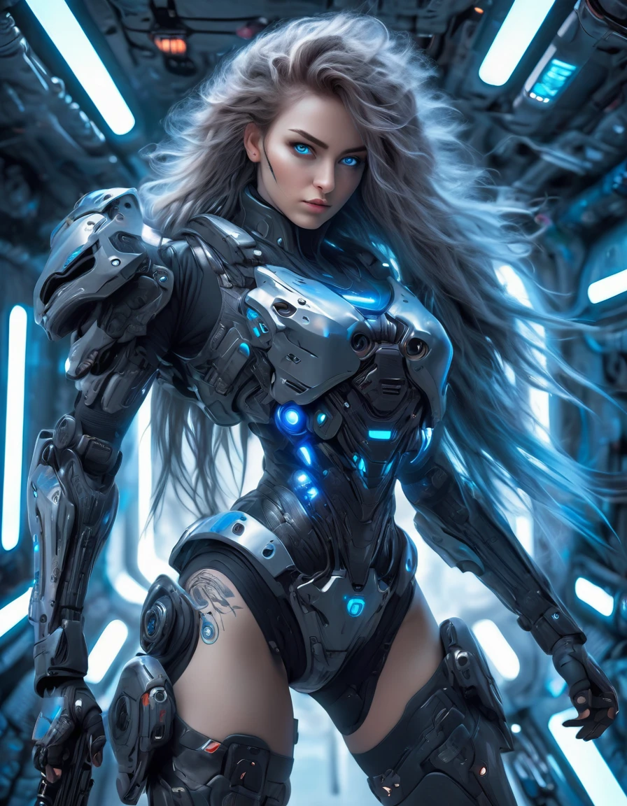 A woman wearing exoskeleton cyber armor, The armor fits snugly、((She has a plasma gun in her hand)), Full body photo, Maximum details, Superior quality through precise drawings, 8k,chest, blue eyes,  High resolution, 超High resolution, Best Quality, Shortcuts, Big chest, Cinematic Lighting Effects, Futuristic beautiful hair woman, Shining blue eyes, Cyberpunk style woman, ((Located in the space station&#39;s control center)),((High tech spaceship interior with blue light illumination)), High-quality images、, Shortcuts, Silver Hair, 