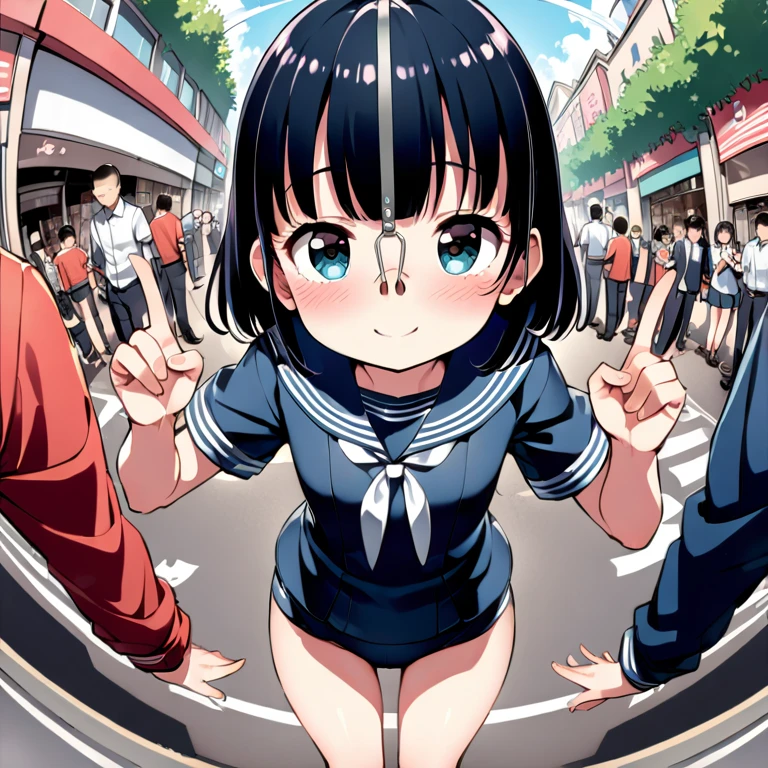 Best Quality，Young ，1 person，A shy smile，Fisheye Lens，shy，blush，Very cute，baby face，Very short stature，Flat Chest，Thin thighs，Short-sleeved sailor suit，Shopping Street，In the crowd，Cunning gestures， In preparation