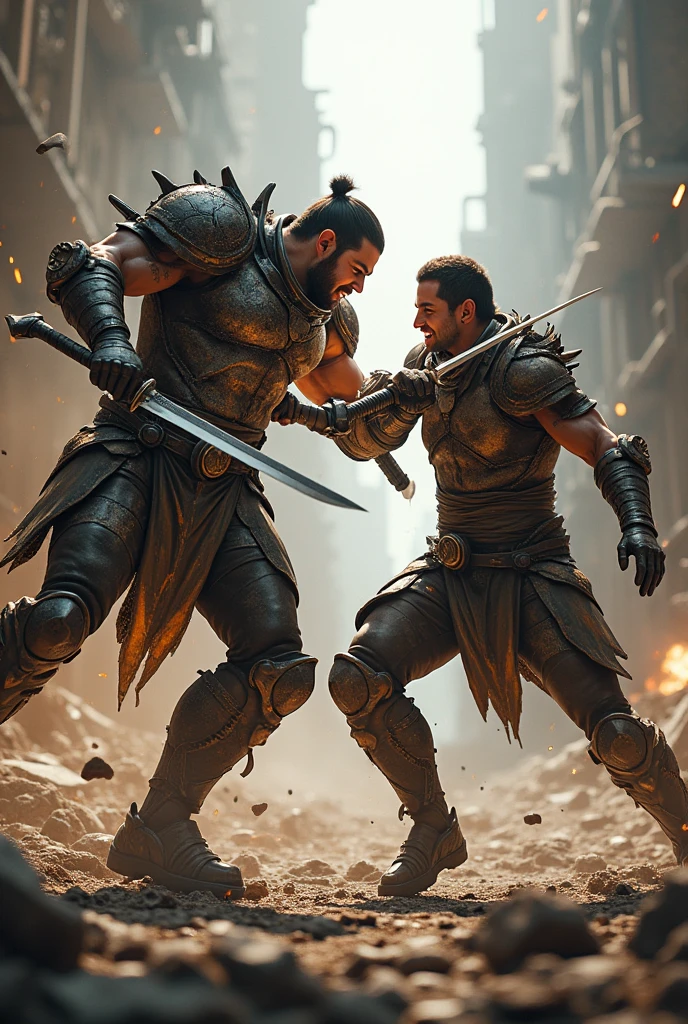 looking at us, Staring Intently, face focus, Bandit, Fat ferocious barbarian:2, This barbarian is a robust stocky Japanese, smirking, mid combat, intense battle scene, leather and iron armor, armored short skirt, holding a Viking War Axes, viking helmet, legs exposed from thighs to feet, fierce warriors, ancient battlefields, epic showdown, battleground background, masterpiece, volumetric lighting, Dramatic, Uighur the Warden, breathtaking action, dynamic poses, bald, ((ultra sharp)), ((masterpiece)), ((best quality)), ((ultra detailed)), ((intricate details)), Inguinal region detailed, Dilapidated, breathtaking action, destroyed city after big air raids, A desolate, post-apocalyptic cityscape, A brutal scene, lets out a yell, casting an ominous shadow, 