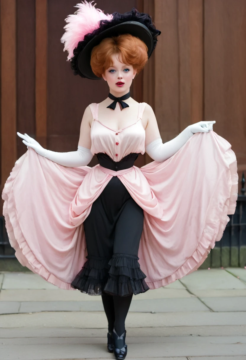 (((NSFW))) A sexy 12yo voluptuous ginger Gibson Girl sashaying along the streets of Victorian London. Year 1900. 1900_dr3ss. (((Frilly sleeveless top))), sash cinched around her waist, wide-brimmed picture hat with pink feathers, bare shoulders with (((long pink opera gloves))), (((mid-length skirt:1.5, petticoats, silk stockings, high-button boots:1.5))), choker necklace. Gorgeous youthful face, big blue eyes, pouty red lips. (((Massive ass:1.5)))