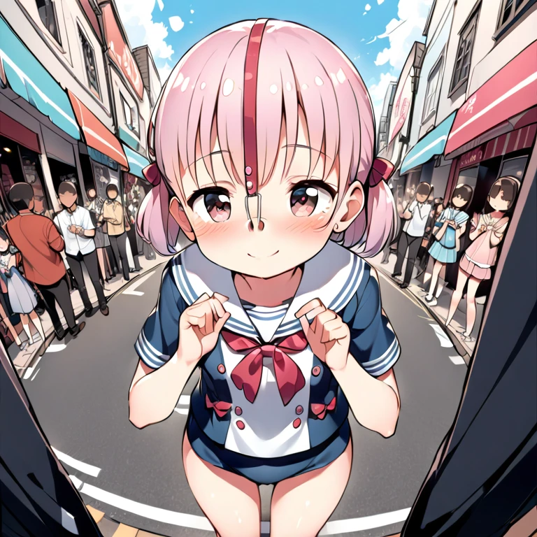 Best Quality，Young ，1 person，A shy smile，Fisheye Lens，shy，blush，Very cute，baby face，Very short stature，Flat Chest，Thin thighs，Short-sleeved sailor suit，Shopping Street，In the crowd，Cunning gestures， In preparation