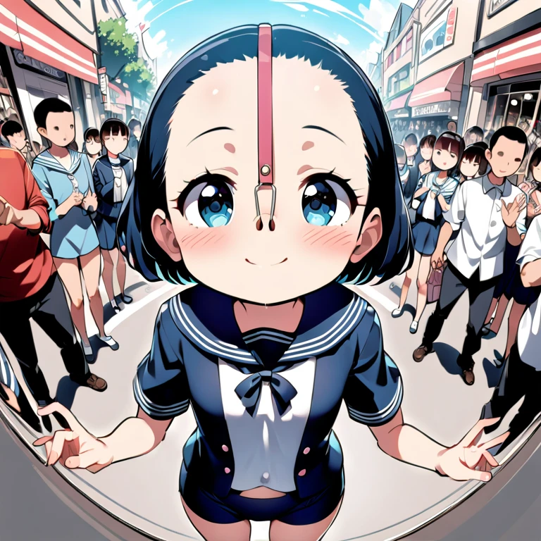 Best Quality，Young ，1 person，A shy smile，Fisheye Lens，shy，blush，Very cute，baby face，Very short stature，Flat Chest，Thin thighs，Short-sleeved sailor suit，Shopping Street，In the crowd，Cunning gestures， In preparation