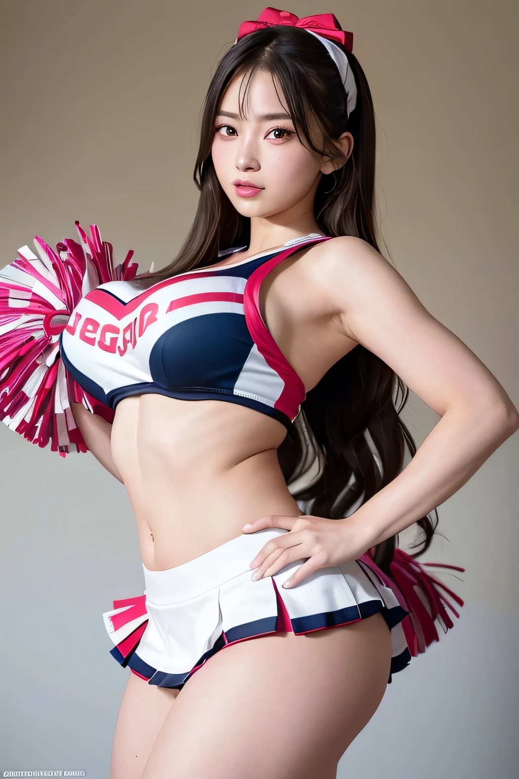 masterpiece,ultra detailed,sharp focus,(tareme:1.3),droopy eyes,curvy adult body,(red cheerleading costume with pleated skirt:1.1),having chebr pompom,logo,gigantic breasts,black eyelashes,baby face,black straight hair,at bedroom,japanese goddess,armpit hair,thick thighs