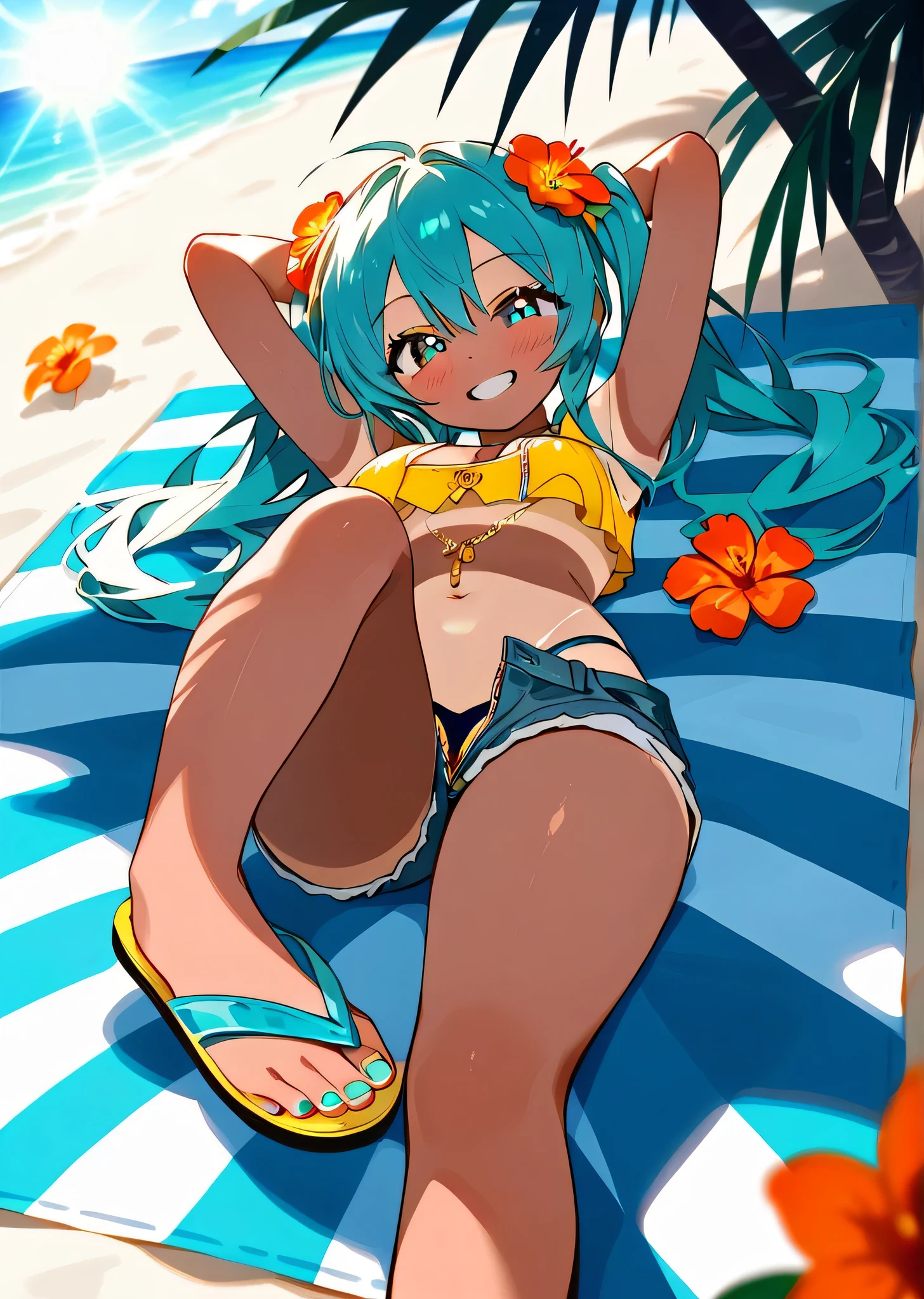 [hatsune_miku], ((masterpiece)), ((HD)), ((high res)), ((solo portrait)), ((full body)), ((front view)), ((low angle view)), ((feet visible)), ((cute anime aesthetic)), ((detailed shading)), ((intricate details)), {(attractive tanned figure), (tan lines), (dark skin tone), (brown skin), (long turquoise hair), (twintails), (cute aqua eyes), (aqua painted nails), (curvy hips), (beautiful legs), (defined feet), (blushing), (cute grin)}, {(yellow crop top), (midriff), (navel), (belly chain), (unzipped jean shorts), (exposed pockets), (thong straps on hips), (blue flip flops), (orange flowers in hair)}, {(laying on beach towel), (hands behind head), (looking at viewer)}, [ambient lighting, beach, sun rays]
