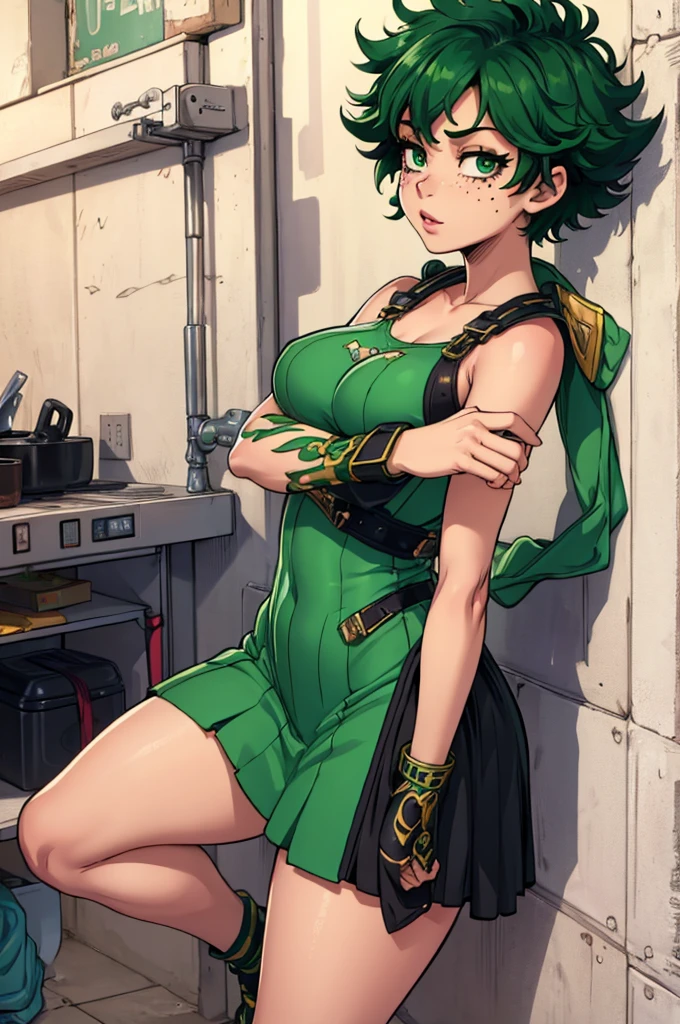 Masterpiece, best quality, intricate details, Izuku Midoria female version, short stature, sexy and cute girl with short green hair, green eyes, green lipstick, green lips, black freckles