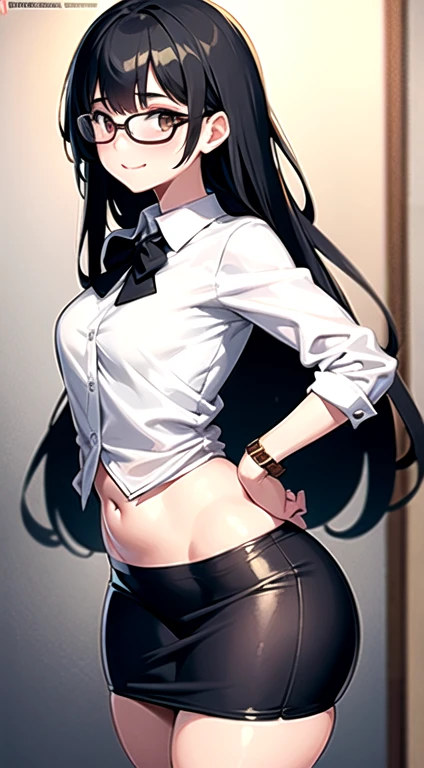 16-year-old girl,cute,Wear a white short-sleeved shirt and a black work tie,Wear black pants,Wear black booties,Wear white gloves,Black hair,Black eyes,blush,sweat,shy,Proud,Angry,Close-up photo