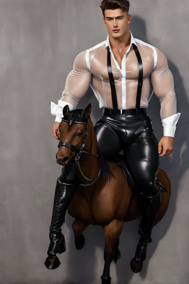 (masterpiece), (best quality), (ultra detailed), Full body picture of an smart and sexy 20-year old muscular german officer dressed in a transparent officers shirt and tight, white officers riding-trousers with an bulge in the front. Black shining riding boots. Very homoerotic and sensual