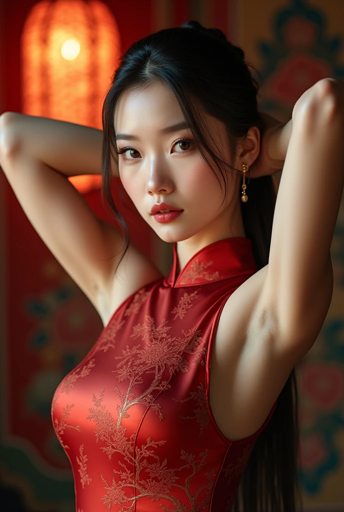 Create a Chinese beauty,White skin,Cute large breasts and buttocks,Proud figure,Pure white high collar colorful printed cheongsam,Scratching the scalp with both hands,There is a lot of dandruff on the top of the head,White fine dandruff on the top of the head,Fierce and unhappy expression,The characters are realistic and realistic,Antique garden background,9:16 frames,Ultra-high-definition picture quality