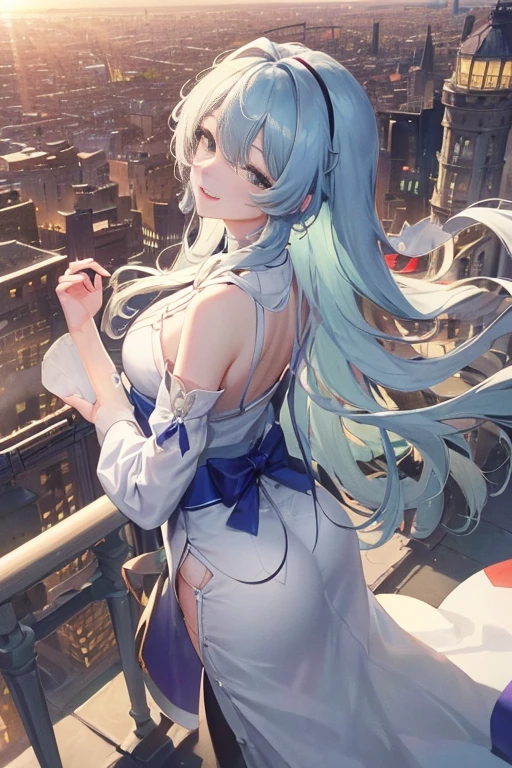 ((((Obra maestra, La mejor calidad, ultrahigh resolution)))), 1girl, standing,), ((long pure blue hair, hair over eye)), long hair cut, shiny skin, ((blue eyes)), glowing_eyes, neon eyes, (ultra detailed eyes:0.7, beautiful and detailed face, detailed eyes:0.9), ((centered)), smirk, facing viewer, ((vibrant background, dark lighting, summer, sunlight)), large chested, looking at viewer, ((half closed eyes)), ((perfect hands)), (((head:1, arms, hips in view, elbows, in view))), ((hands behind back)), empty eyes, beautiful lighting, ((outside, outdoors)), defined subject, head tilt, (((gritty)), ((creepy)), ((cool)), ((beautiful)), (((SFW))), hair ornament, petals in the air, moon in the sky, city, mature woman, adult woman, sfw, pink and white dress, night dress, she is a princess