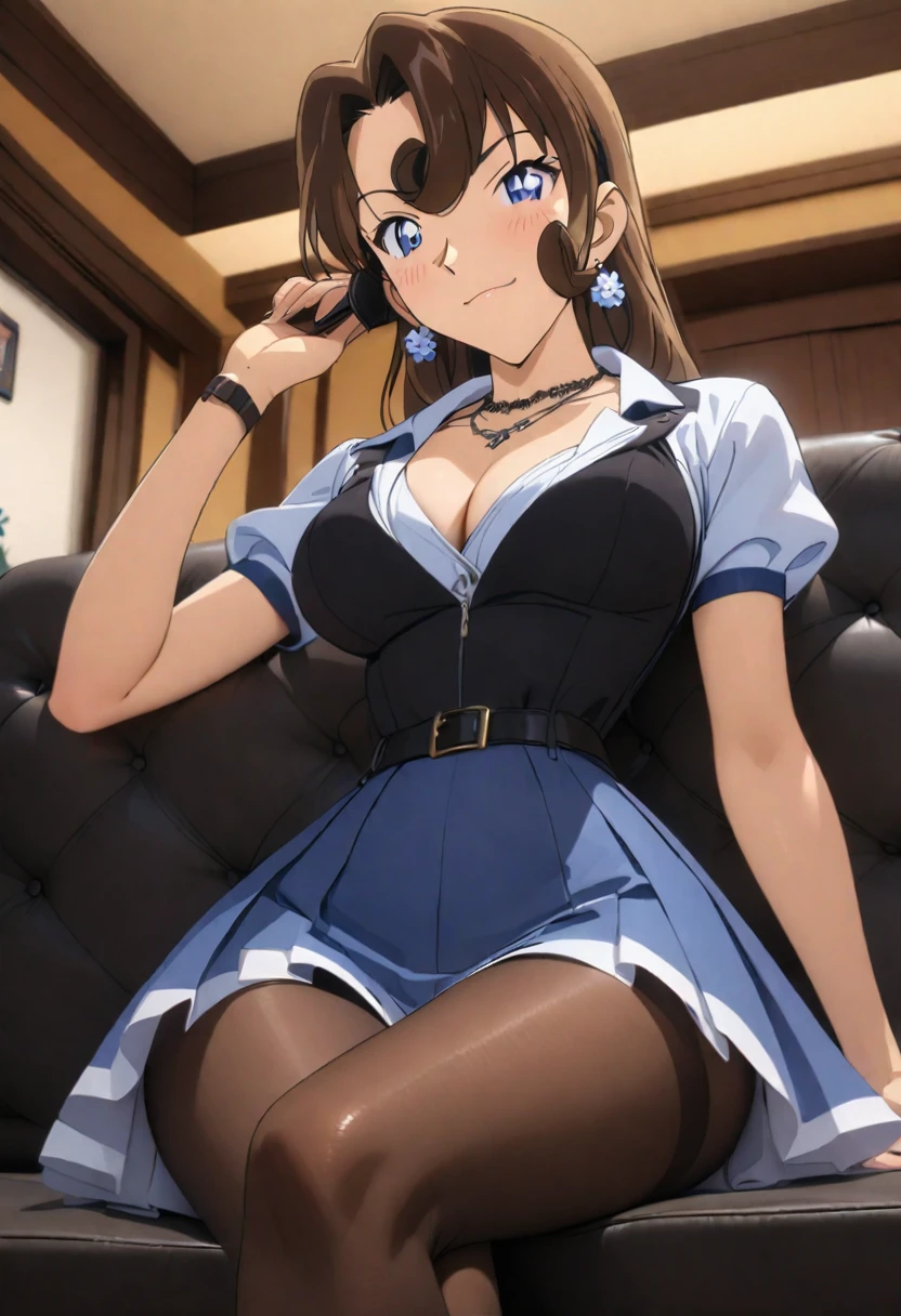 (masterpiece, best quality:1.2), ((Extremely detailed)), high resolution, Anime style , photo, photography, Detailed background,1. Beautiful woman Lei Dianming, (Pantyhose), boots,Cowboy shooting, Looking at the audience,A faint smile, earrings, skirt, Necklace, Vest, Cross your legs, From below, On the sofa, Windows, living room,Anime style，brown