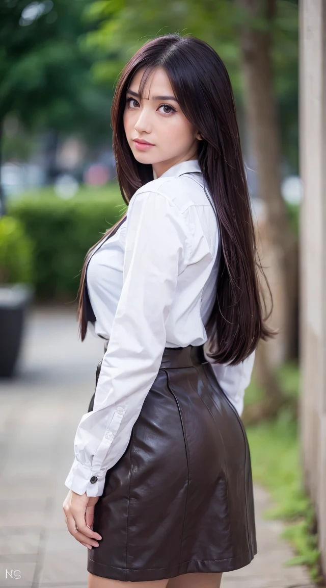 18s woman in Thai university uniform, white shirt, black skirt, brown belt, big , white sneakers ,big ass, nice ass