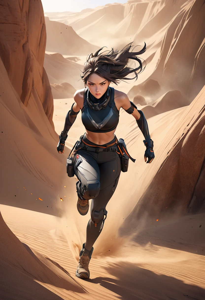 Set the scene in a gritty, stone environment. The Malay girl, adorned in a sporty hijab and sports bra, engages in an exhilarating parkour challenge, leaping between platforms, vaulting over obstacles, and showcasing her agility. Capture the raw energy and determination in her expression