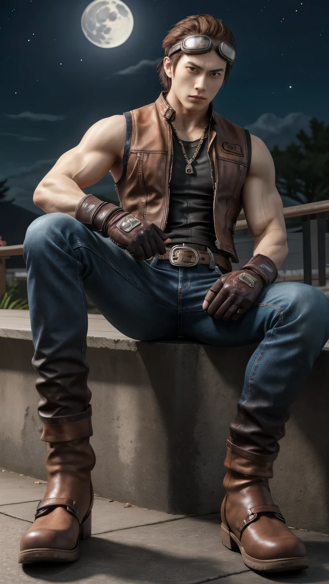 Hwoarang_Tekken, solo, brown hair, gloves, 1boy, male focus, belt, jeans, fingerless gloves, vest, muscular, denim, goggles, goggles on head, jeans, hair slicked back, full body, sakura, moon, couter, night, sitting