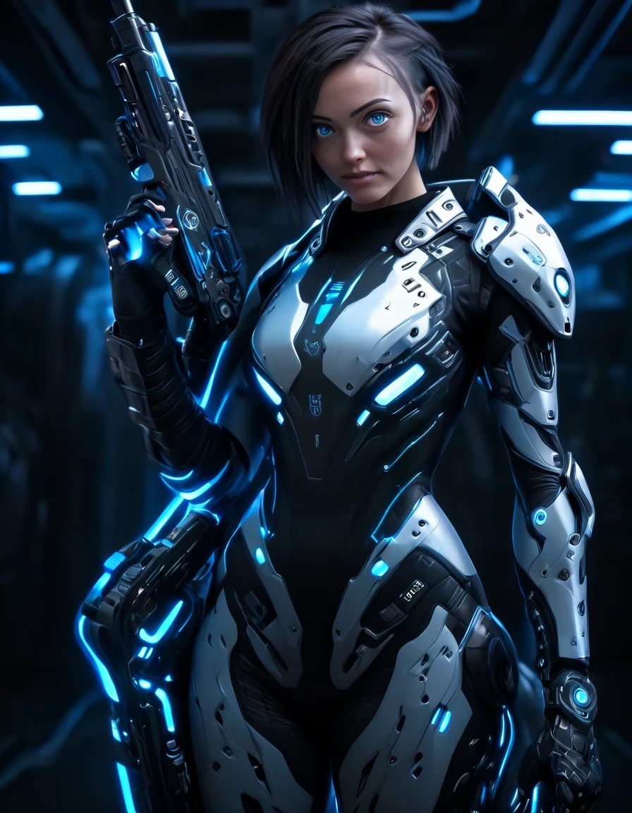 A woman wearing exoskeleton cyber armor, The armor fits snugly、((She has a plasma gun in her hand)), Full body photo, Maximum details, Superior quality through precise drawings, 8k,chest, blue eyes,  High resolution, 超High resolution, Best Quality, Shortcuts, Big chest, Cinematic Lighting Effects, Futuristic beautiful dark haired woman, Shining blue eyes, Cyberpunk style woman, ((High tech spaceship interior with blue light illumination)), High-quality images,Shortcuts, Bob Hair, Bob Hair, Very short hair, 