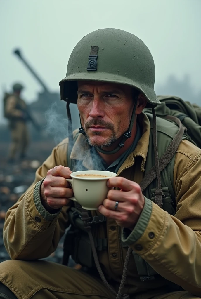 A photorealistic image of a man in full military uniform sitting in front of a large glass window. The man should be visibly drinking coffee from a mug or cup. His facial expression should be detailed, capturing a mix of emotions such as contemplation, fatigue, or resolve. The glass window should serve as a reflective surface, displaying the haunting image of a war-torn battlefield with ruins and debris. The lighting should be subtle yet effective, highlighting the man's face and the reflection on the window. The military uniform should be detailed, showing patches, badges, or insignia that indicate rank or affiliation. The overall atmosphere should evoke a sense of contrast between the calm interior and the chaotic exterior reflected in the window,<lora:windowsback2:0.65>