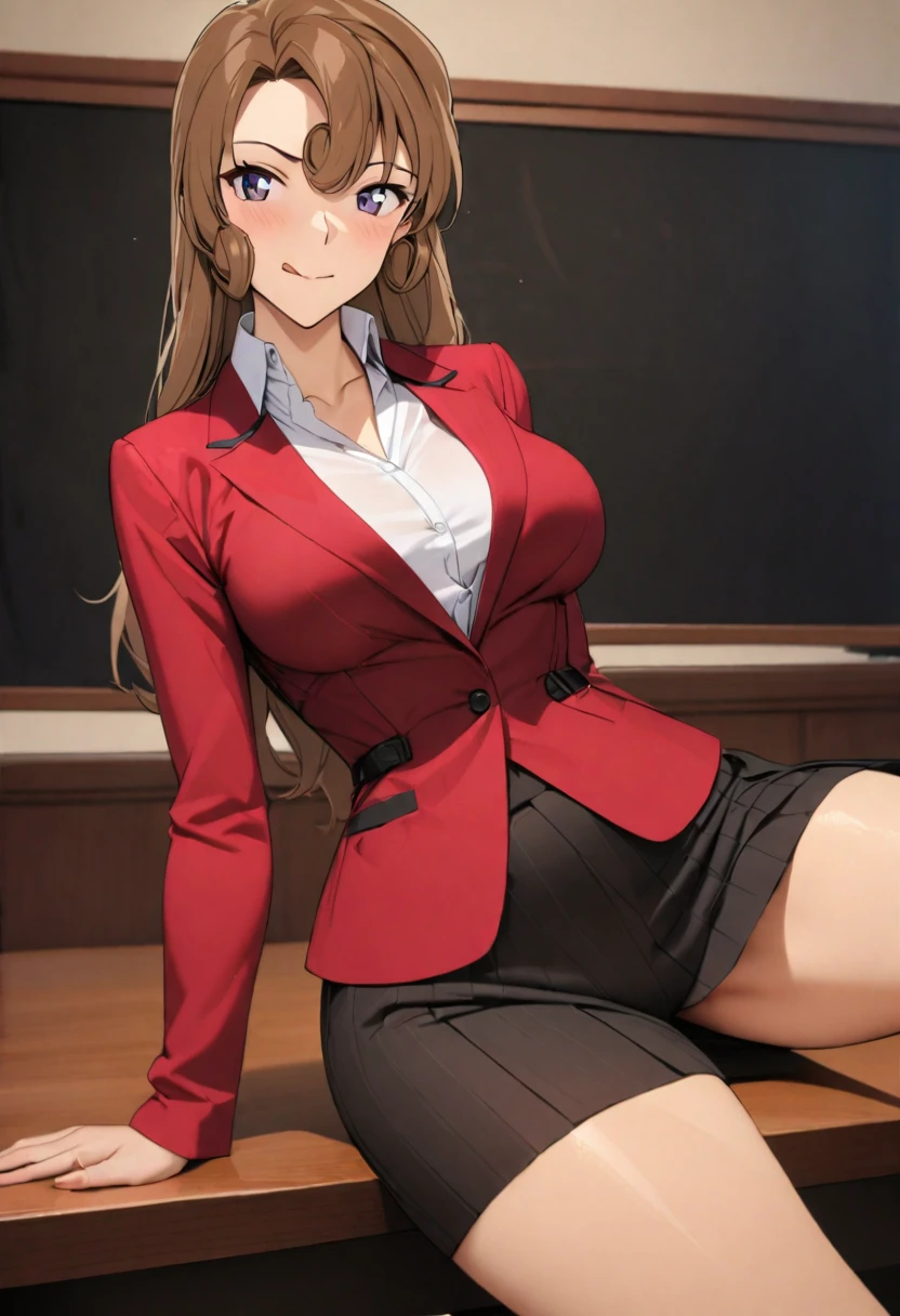 A beautiful teacher in a suit stands in the room, There is a blackboard on the wall behind her, Beautiful teacher, Sexy, aloof, Black wrapped long legs, brown hair, Licking lips,Ultra HD, Retina, precise, masterpiece, Anatomically correct, Textured Skin, Super Detail, high quality, High Detail, best quality, high resolution, 1080P