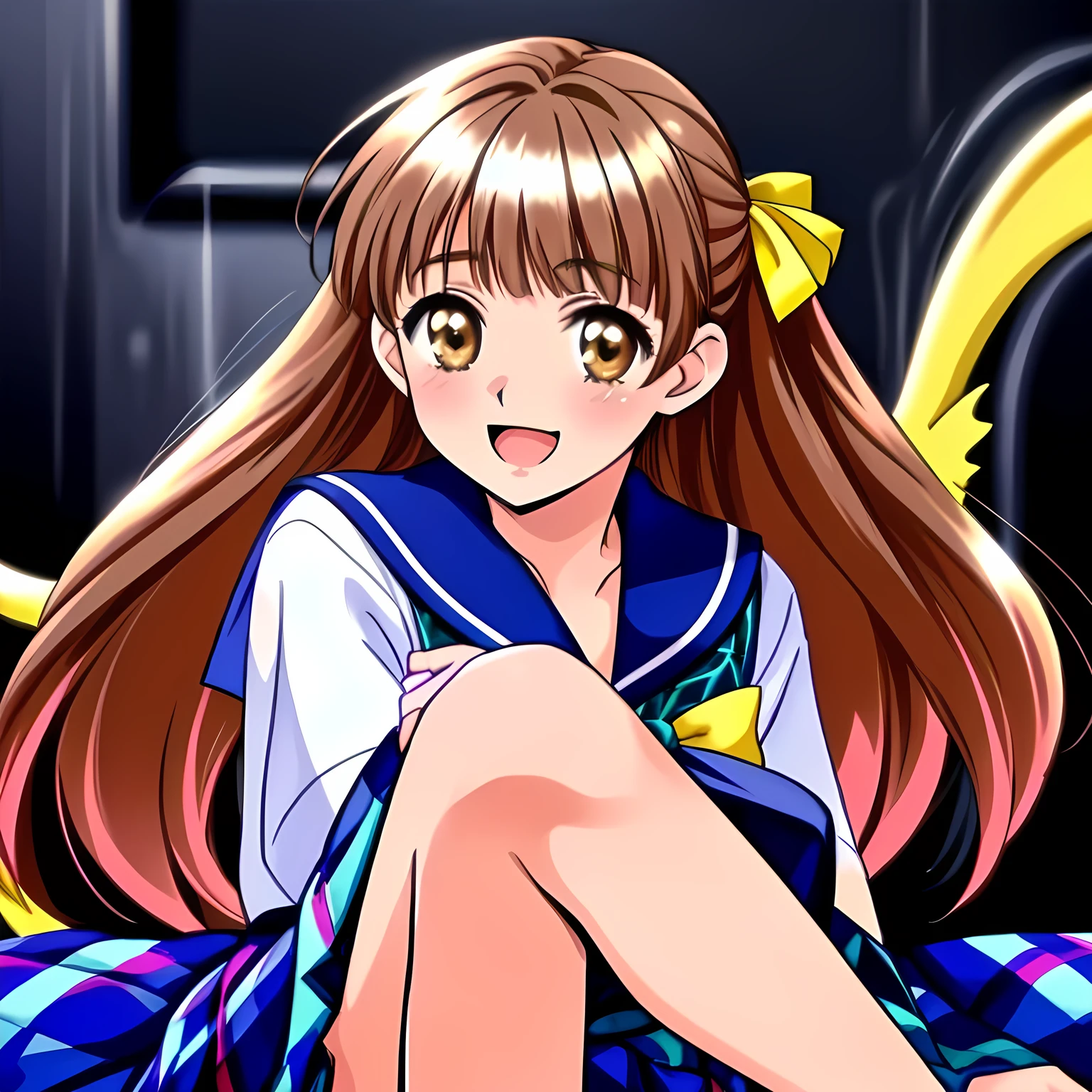 (highest quality, masterpiece: 1.6), (Beautiful noble beautiful lying anime noble heroine's portrait, Solo beautiful giggling noble elegant 15yot anime heroine heroine wares blue sailor-styled uniform is lying on a magical sexy bed and force me fall into deep harem of siren and succubi, Noble Elegant, navy sailor uniform: 1.5), (Anime-heroine's girly noble laughing giggling brown eyes, laughing at me: 1.6), (Realistic Charming neat navy-colored very-neat knee-covering well-pleated long tartan-checkered school skirt: 1.5), (black background: 1.7), (Eyes, face and hair, and skirt is especially cutely detailed and carefully drawn), (Girl whom everyone loves because of her beauty and lovely fashion and noble manner and mind of succubus and magic-charm of succubus: 1.0), (Very beautiful, wavy, cutely super-super-long straight gorgeous rich black hair like hair model, with elegant big yellow hair ribbons: 1.3), (Drives me crazy for their neat skirts and Make me fall into their skirts: 1.5)