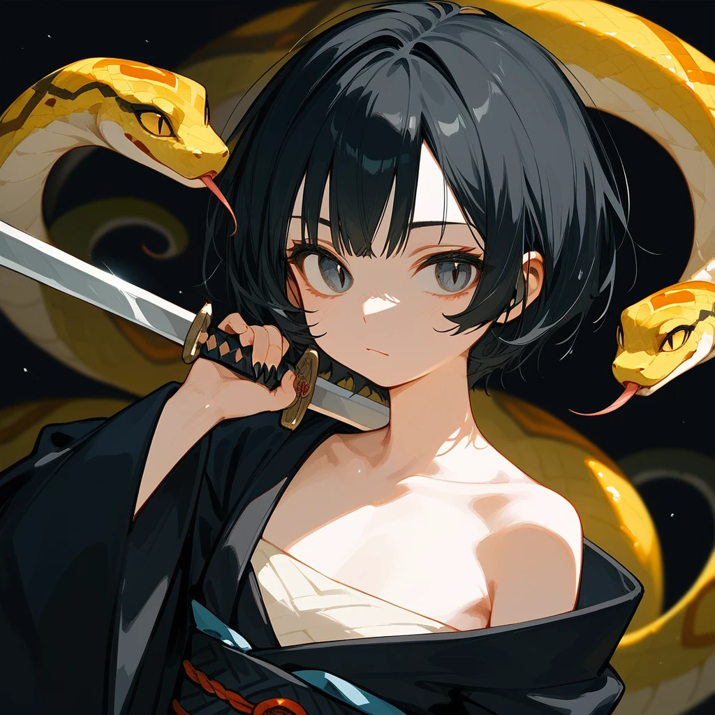 1 girl, Black Hair, iris, Off-the-shoulder kimono, beautiful_face, Black snake motif, Kimono with snake scale pattern, Solo Illustration, Short Hair, Black kimono, Holding a sword, Upper Body, 笑face, Flat Chest