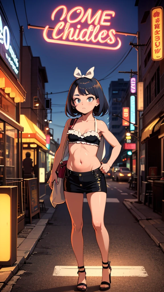 girl，（masterpiece，Highest quality），Street、bangs、naked，naked肩、黒いhat、Brown eyes、Brown Hair、smile、passionate、hat、Swimwear，long hair、(Underboob)，Micro Camisole、looking at the camera、shoes、Micro Mini Shorts，solo、Are standing、