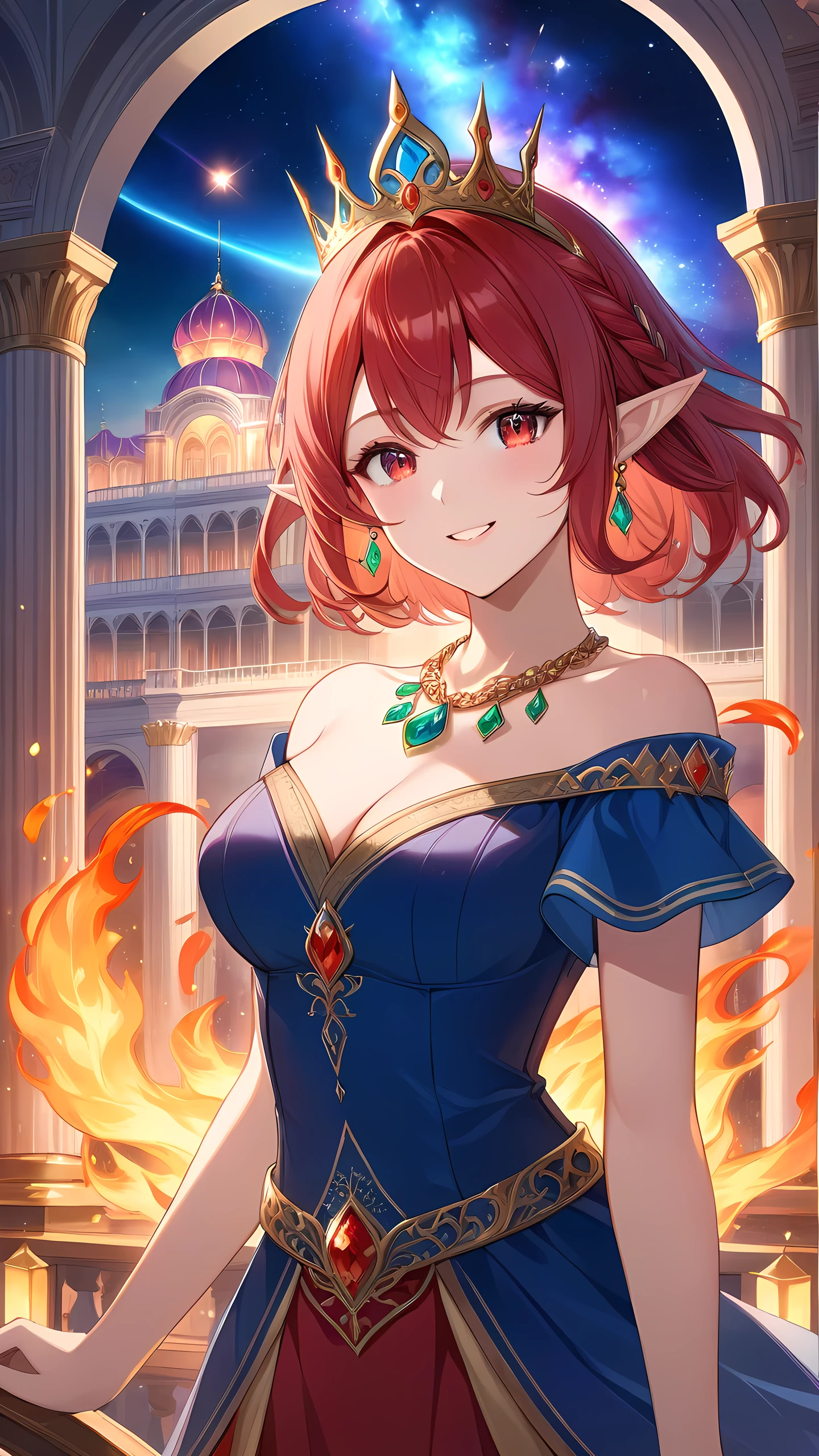 (masterpiece),(best quality),(super fine illustration),(beautiful and detailed eyes),{very detailed light},{painting},{{very fine 8K CG wallpaper}},anime,1girl,solo,beautiful detailed fire,beautiful detailed fire, palace,galaxy,gem,jewelry,necklace,crown,elf,smile,red hair,red eyes