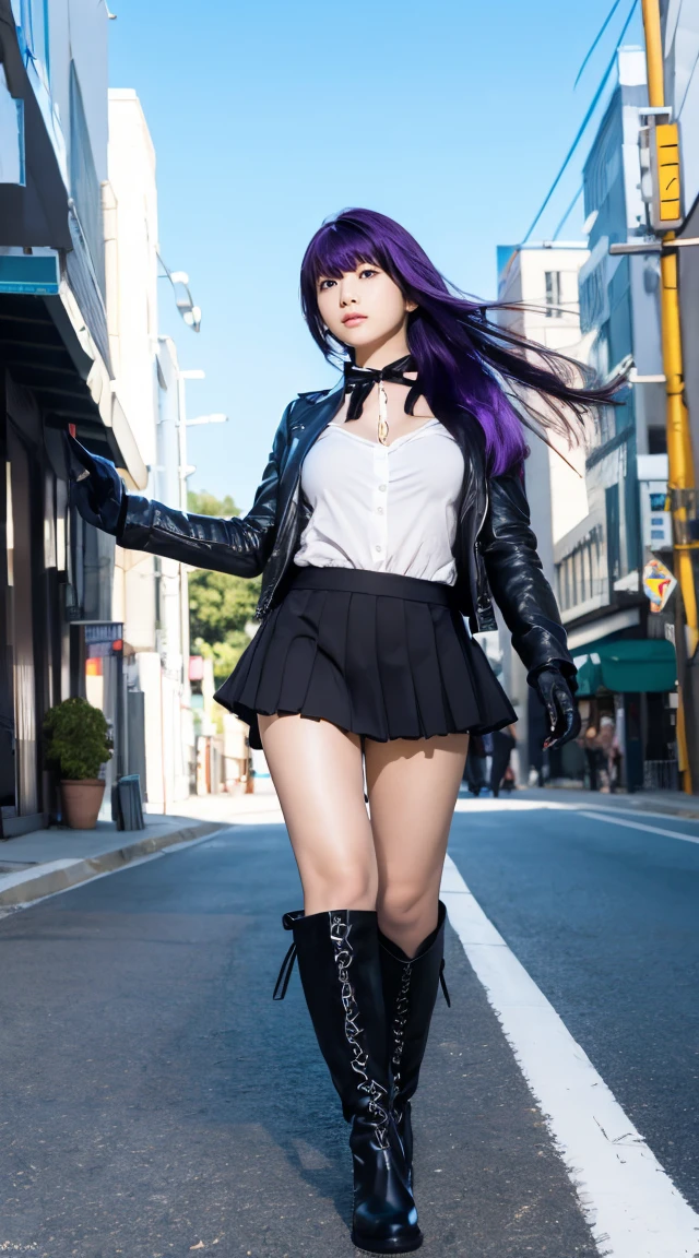 Photorealistic, High resolution, Soft light,1womanl, Solo, hips up high, (Detailed face),The tattoo, Jewelry, Current School Classrooms,On the podium,Wear a uniform、(Black flared skirt),Bigchest,low chest, Long hair、((poneyTail))、((up skirt))、((mix4))、((appearance々Colored panties))、((Farbe々Colored hair))