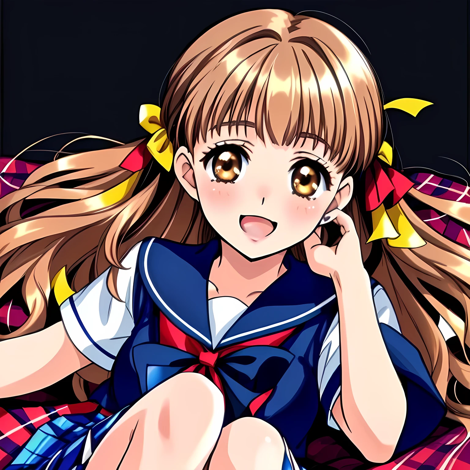 (highest quality, masterpiece: 1.6), (Beautiful noble 15yo beautiful lying anime noble heroine's portrait, Solo beautiful giggling noble elegant 15yo neat anime heroine heroine wares blue sailor-styled uniform is lying on a magical sexy bed and force me fall into deep harem of siren and succubi, Noble Elegant, navy sailor uniform: 1.5), (Anime-heroine's girly noble laughing giggling brown eyes, laughing at me: 1.6), (Realistic Charming neat navy-colored very-neat well-pleated long tartan-checkered school skirt, which covers her knees: 1.5), (black background: 1.7), (Eyes, face and hair, and skirt is especially cutely detailed and carefully drawn), (Girl whom everyone loves because of her beauty and lovely fashion and noble manner and mind of succubus and magic-charm of succubus: 1.0), (Very beautiful, wavy, cutely super-super-long straight gorgeous rich black hair like hair model, with elegant big yellow hair ribbons: 1.3), (Drives me crazy for their neat skirts and Make me fall into their skirts: 1.5)
