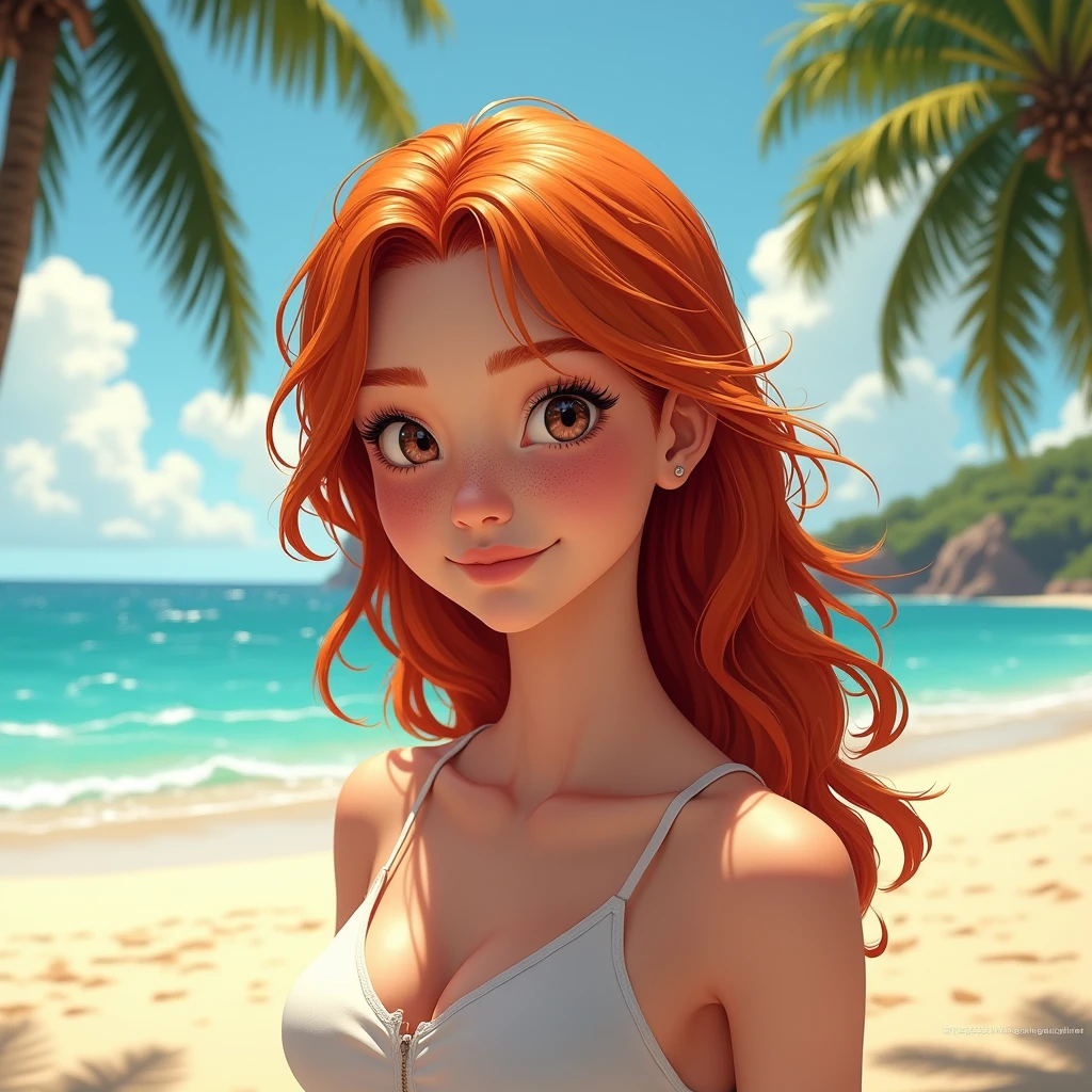 ((masterpiece)), ((best quality)), (detailed), perfect, solo, daisy, gorgeous woman with orange bikini, luscious lips, long hair, huge breast, deep cleavage, huge breasts, sexy, lying down