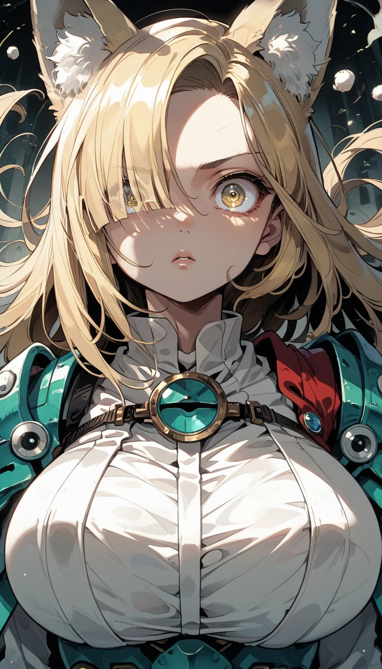 calm expression,Fox Ears,(forehead,long hair over one eye),((side parted hair)),((Huge breasts)),White skin,(big eyes,Clear Eyes,Perfect Eyes ,wide-eyed),(cheek),blonde,Long Hair,Kamaboko-shaped eyebrows,Equipped with a big sword,cowboy shot,open legs,standing