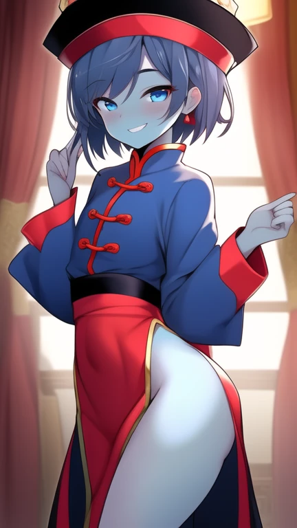 Best quality, Super detailed illustration, Warm colors, perfect lighting, (boy:1.6), (the blue skin:1,6) , short tousled thick hair ,Jiangshi clothing, long sleeves, long skirt with leg cutout on the sides, open legs, Tight-fitting clothing, Guanli hat ,smug smile, Happy , a femboy, small waist, wide hips, slim, Perfect body, full length, black and lilac color of clothes big butt, nude ass,