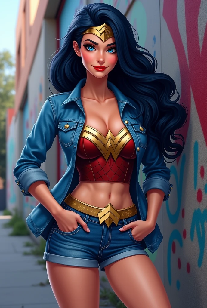 Beautiful girl, 20 years old, deep black hair, blue eyes, red top, jeans, cowboy hat. The most beautiful woman in the world, busty. Comic style. Marvel comics style