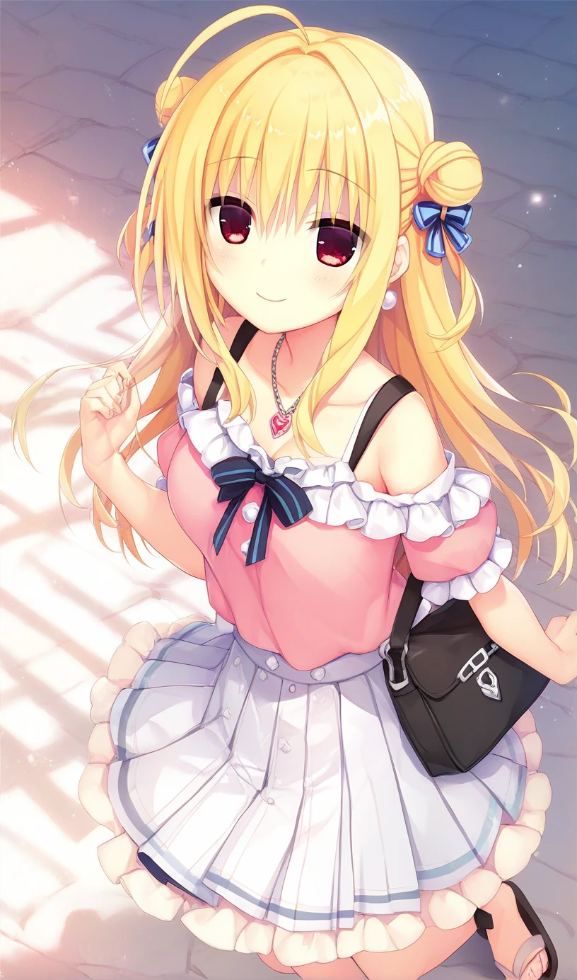 1girl,hiyori-default,hiyori-default,red eyes,blonde hair, double bun,ahoge, long hair, Pastel-colored camisole, light pink pleated skirt, thin-strap sandals, simple pendant, pearl earrings, and small chain shoulder bag, One person, smiling