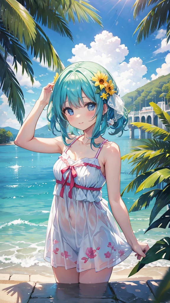 Girl in transparent clothes, beachside, rays of sunshine, sandbeach, UHD, masterpiece, high details, best quality